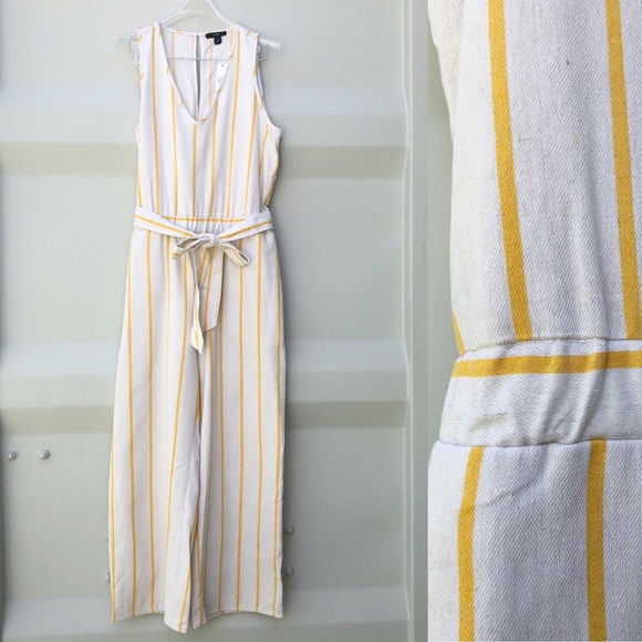 DREW cream jumpsuit with thin mustard stripe S - Picture 1 of 6